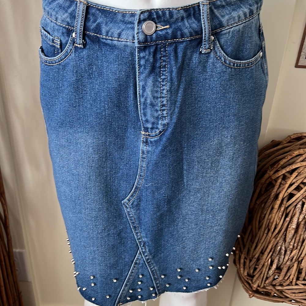 Denim Cut Off Skirt With Rhinestone Hem